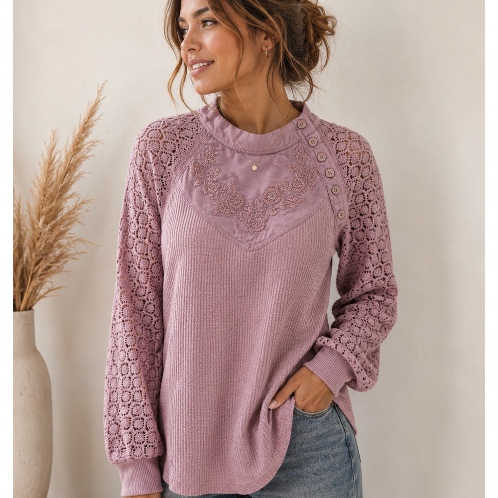 Free People XS Waffle Knit Boho Top Crochet Open Lace Floral Embroidery Pink EUC